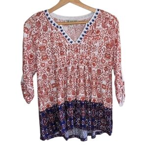 Vintage America | Boho Red White Blue Print 3/4 Sleeve Top Size Small